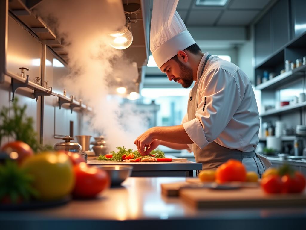 Professionelle Küche mit Koch bei der Zubereitung